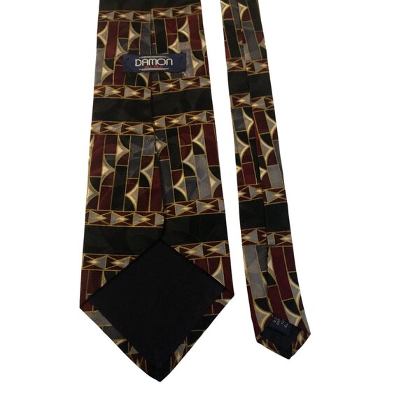 Damon Silk Tie Geometric Burgundy Black Gold Mens Necktie Office Formal Dad Gift - Picture 4 of 7